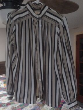 Liz Claiborne Striped Button-Front Blouse in Cream, Black, and Brown